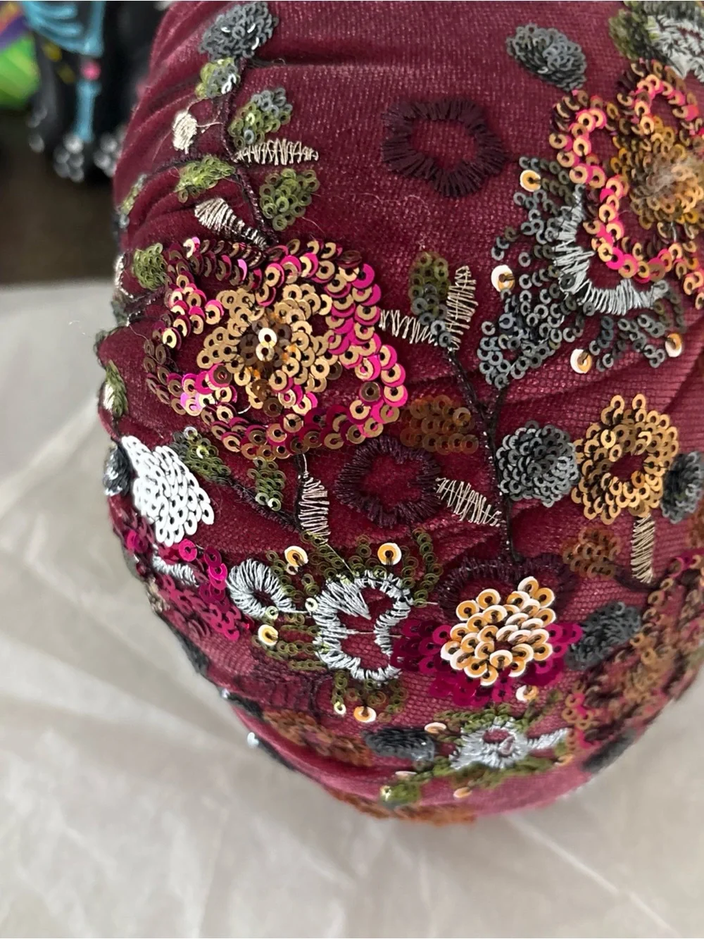 Colorful Beaded Embellished Purple Fabric Pumpkin , Gold Stem